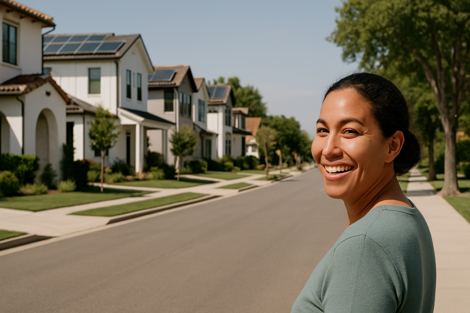 Community member smiling in front of solar-equipped neighborhood homes