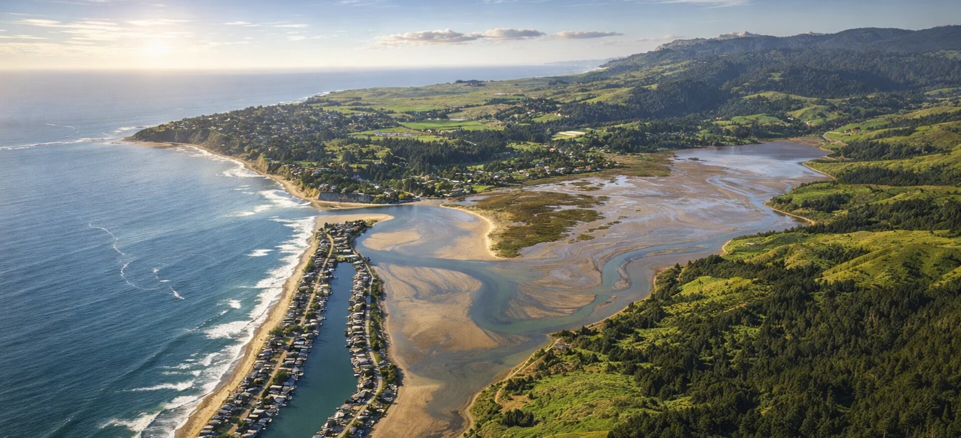 Aerial view of Bolinas, showing the lagoon, beach, and Marin hills